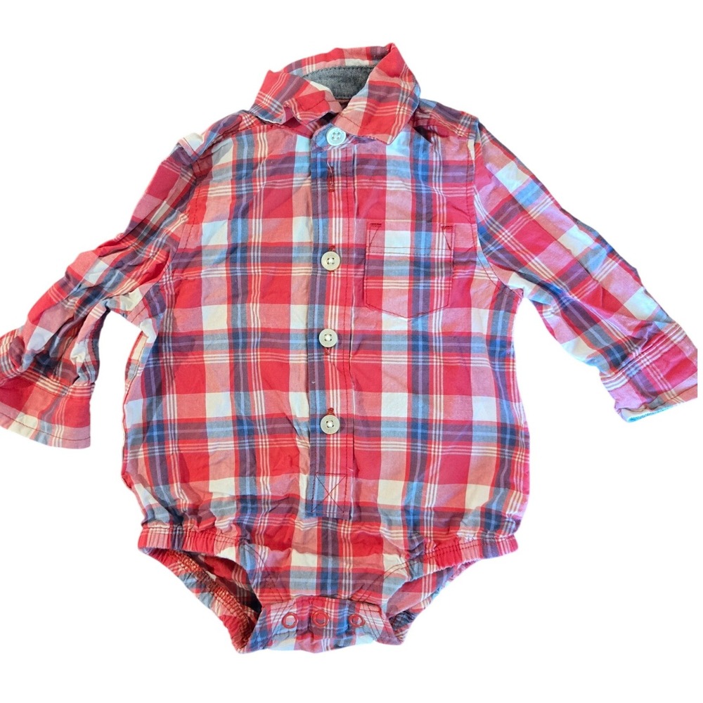 OshKosh B'gosh Baby Boy Red Plaid Button Down Long Sleeve Bodysuit 3M 1M050311